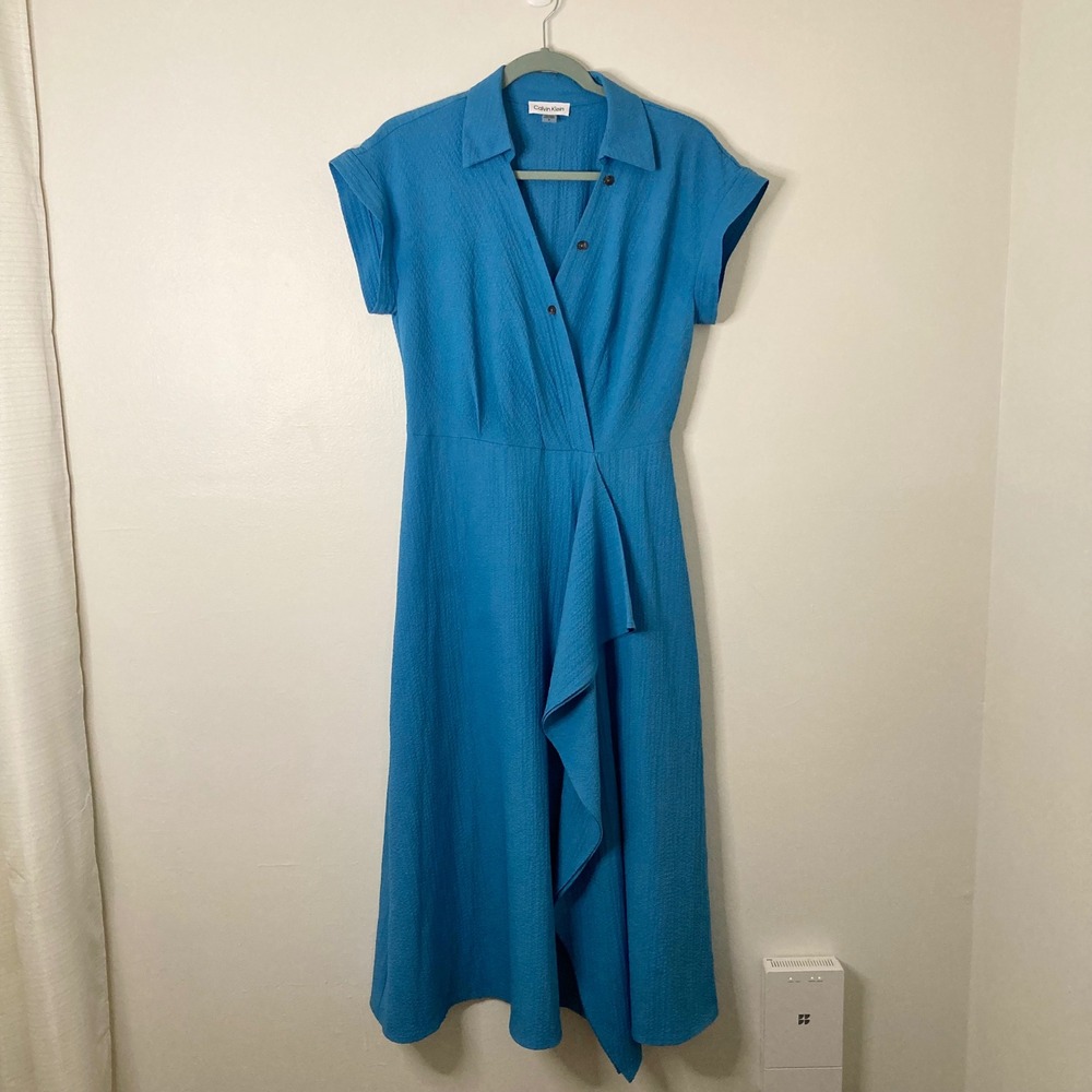 Calvin Klein Blue Seersucker Wrap Ruffle Midi Dress Size 8 Short Sleeve Collar
